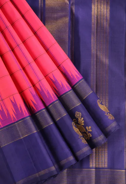 Fuscia Pink Kanchipuram Silk Sarees with Gold Zari Checks