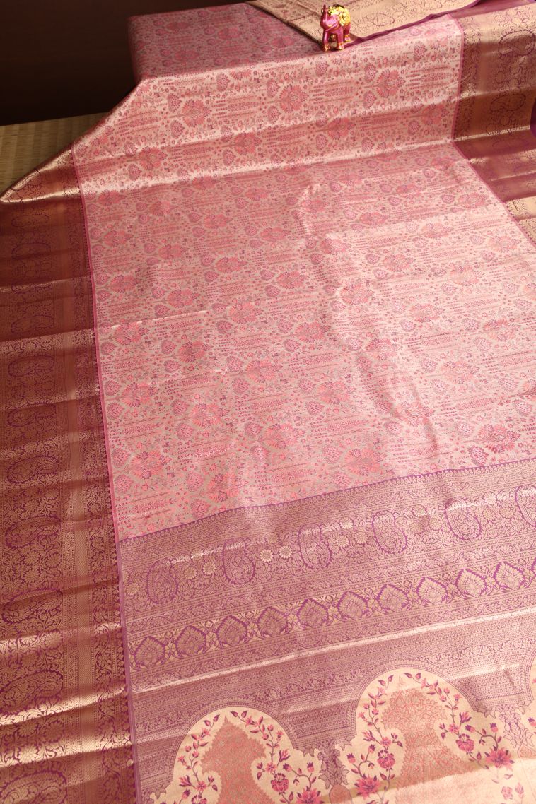 Salmon Pink Apoorva Silk Sarees Copper Zari with Floral Patterns view 2