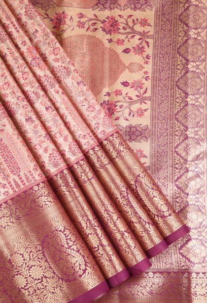 Salmon Pink Apoorva Silk Sarees Copper Zari with Floral Patterns