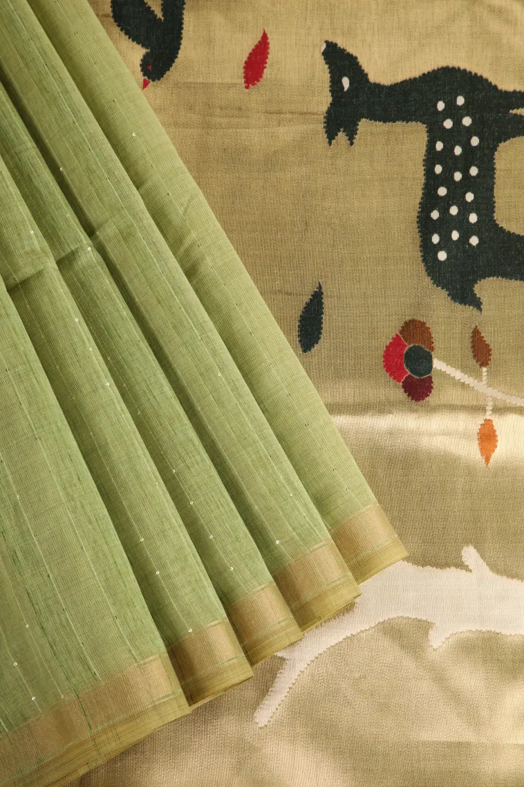 Olive Green Jute Sarees Without Zari With Stone Work