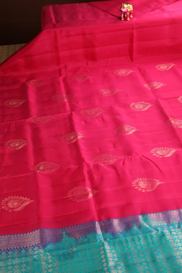 Punch Pink Soft Silk Saree Copper Zari with Floral Patterns view 2