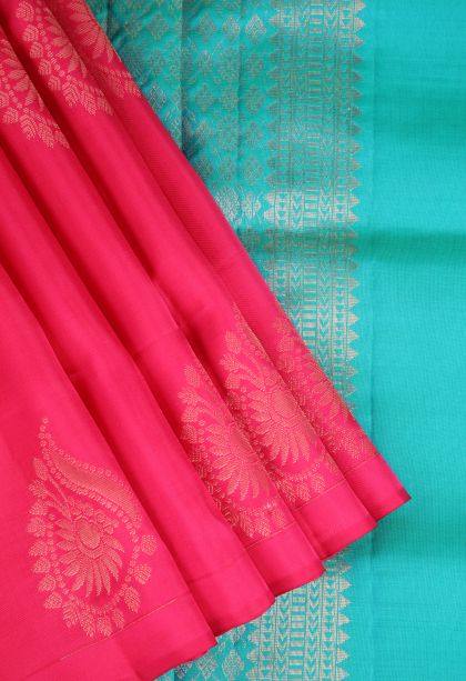 Punch Pink Soft Silk Saree Copper Zari with Floral Patterns