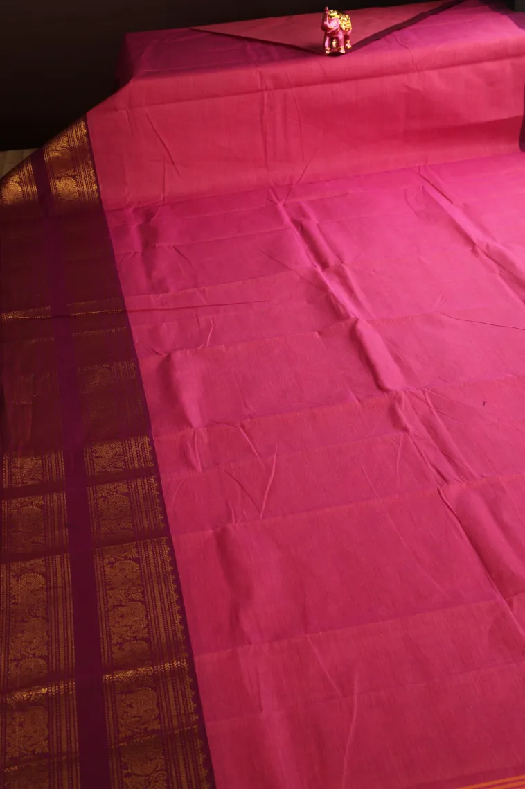 Watermelon Pink Chettinad Cotton Sarees with Gold Zari Plain view 2