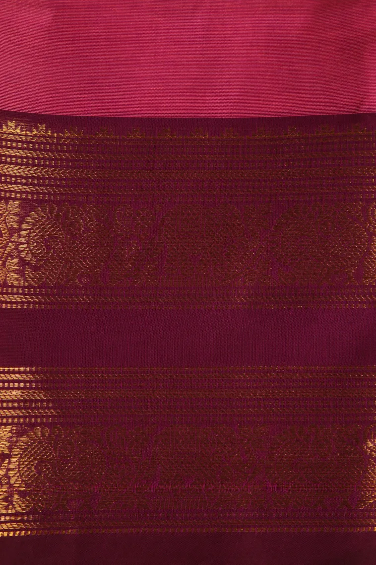 Watermelon Pink Chettinad Cotton Sarees with Gold Zari Plain view 3