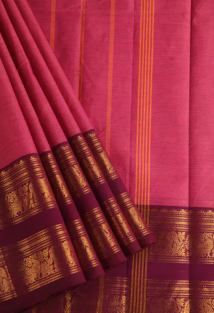 Watermelon Pink Chettinad Cotton Sarees with Gold Zari Plain