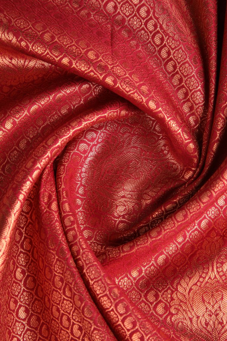Apple Red Apoorva Silk Sarees Copper Zari with Floral Puttas view 4