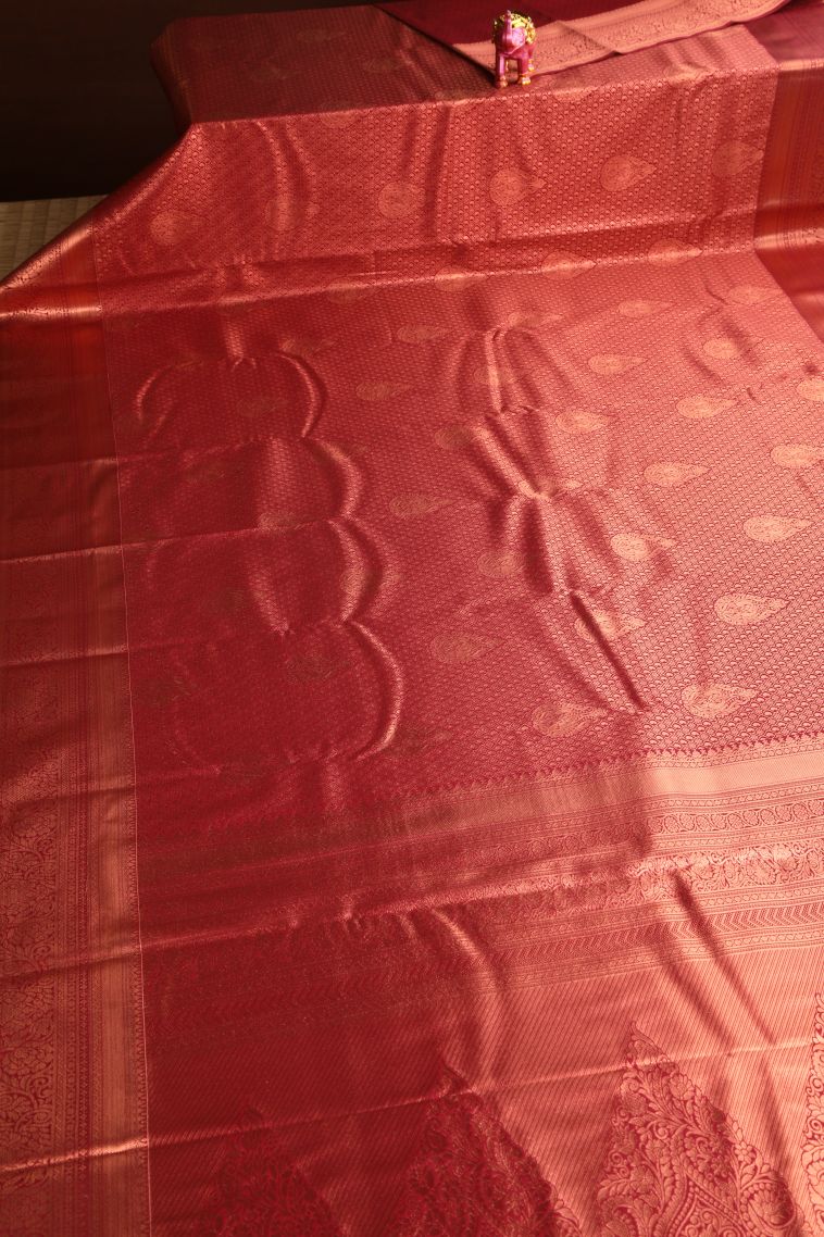 Apple Red Apoorva Silk Sarees Copper Zari with Floral Puttas view 2