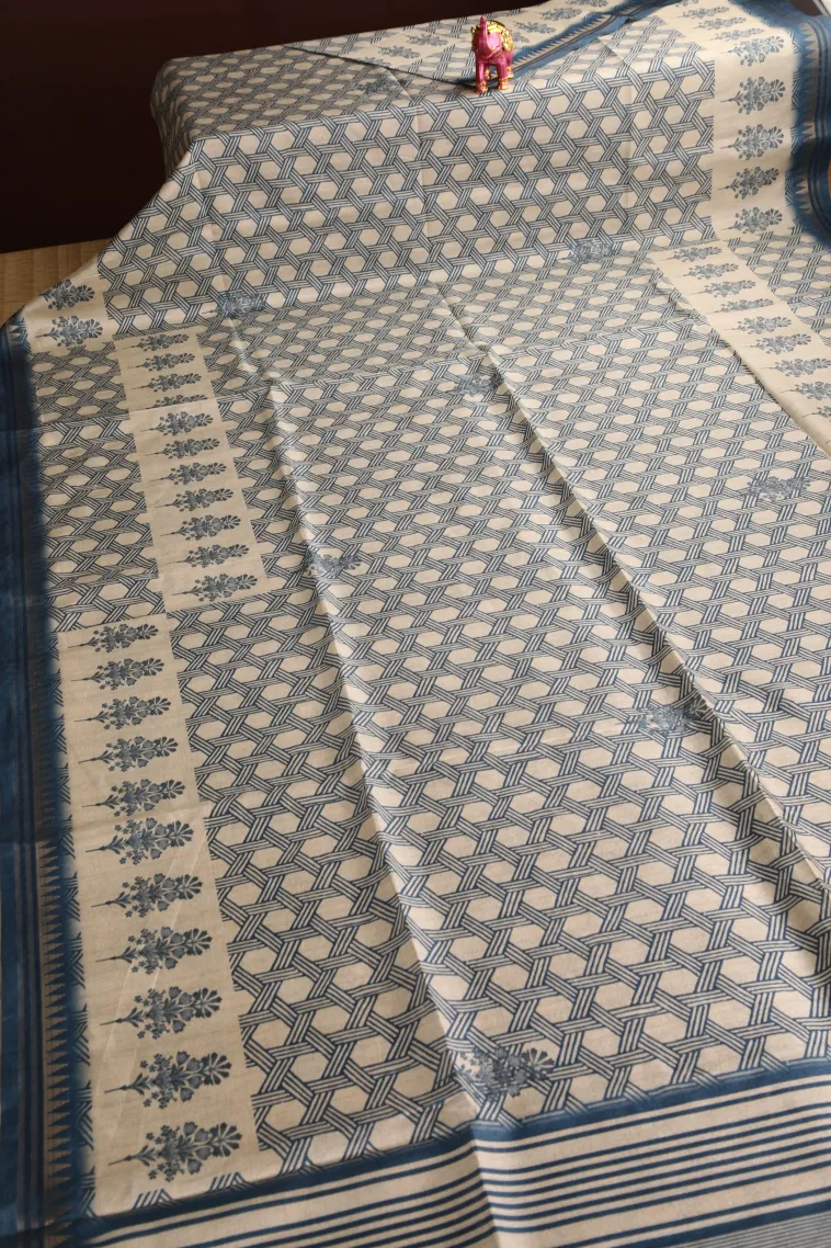 Aegean Blue Semi Raw Silk Printed Without Zari With Geometric Shapes view 2
