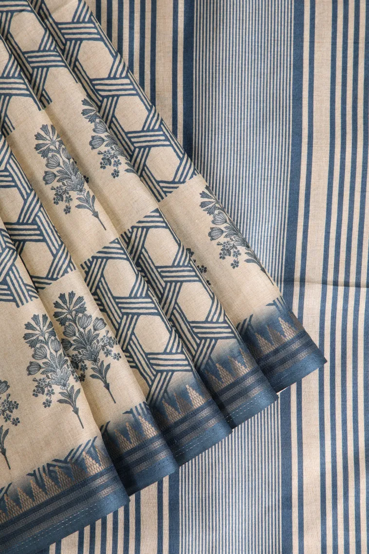 Aegean Blue Semi Raw Silk Printed Without Zari With Geometric Shapes