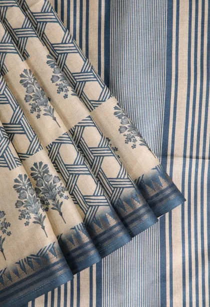 Aegean Blue Semi Raw Silk Printed Without Zari With Geometric Shapes