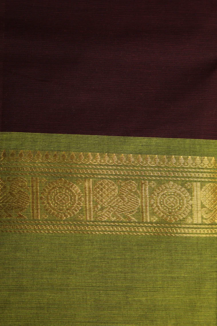 Sangria Red Chettinad Cotton Sarees with Gold Zari Plain view 3