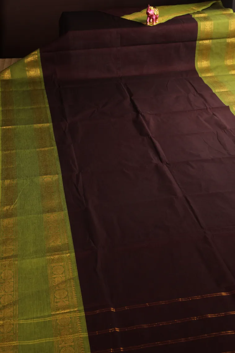 Sangria Red Chettinad Cotton Sarees with Gold Zari Plain view 2