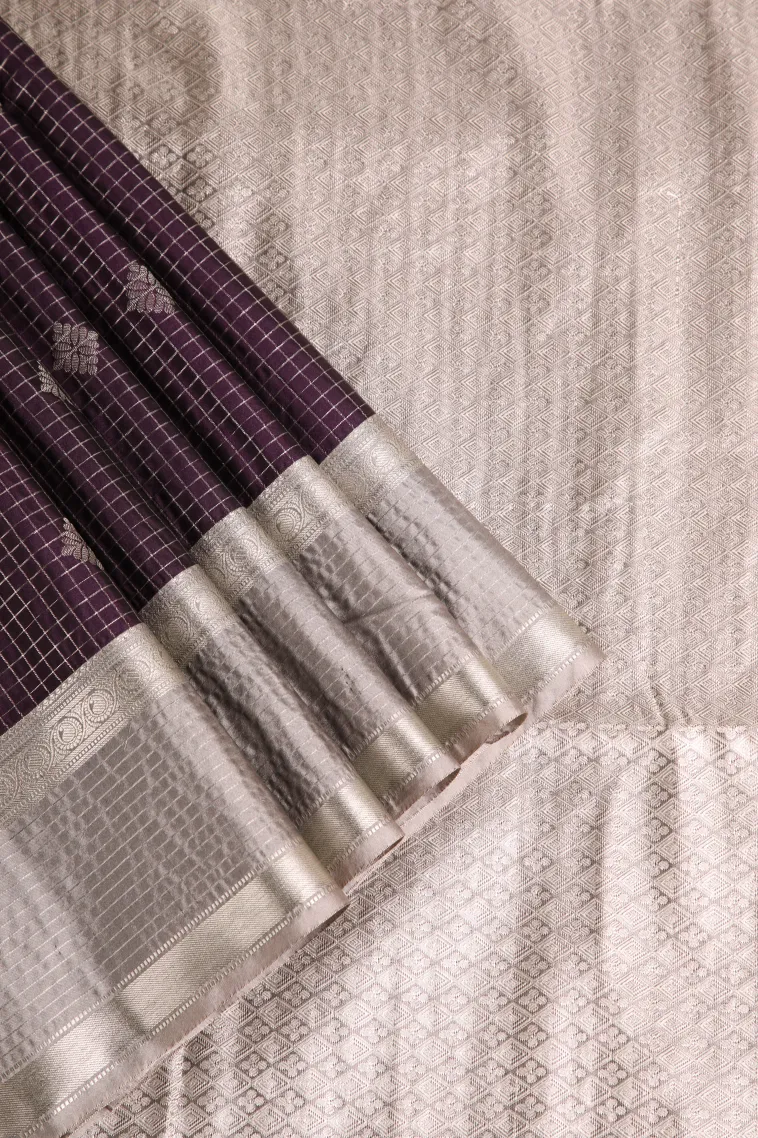 Mulberry Purple Apoorva Silk Sarees with Silver Zari Checks And Puttas
