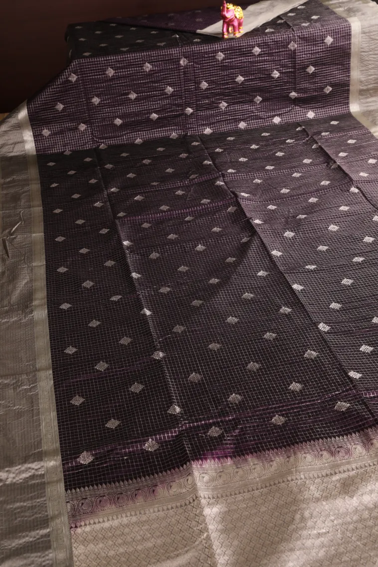 Mulberry Purple Apoorva Silk Sarees with Silver Zari Checks And Puttas view 2