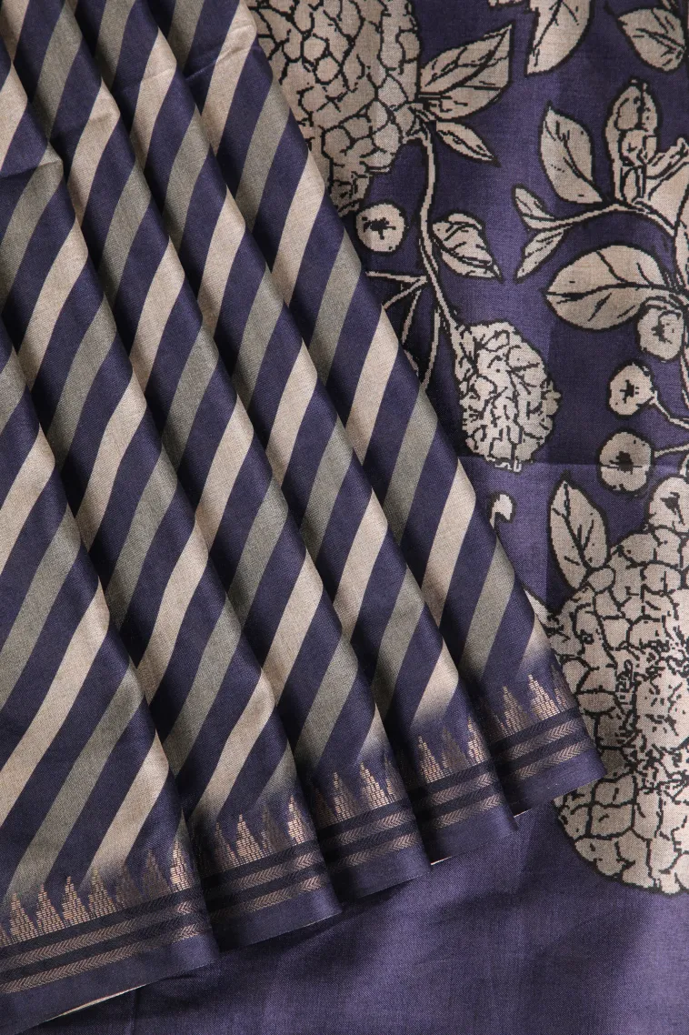 Indigo Blue Semi Raw Silk Printed Without Zari With Cross Straipes