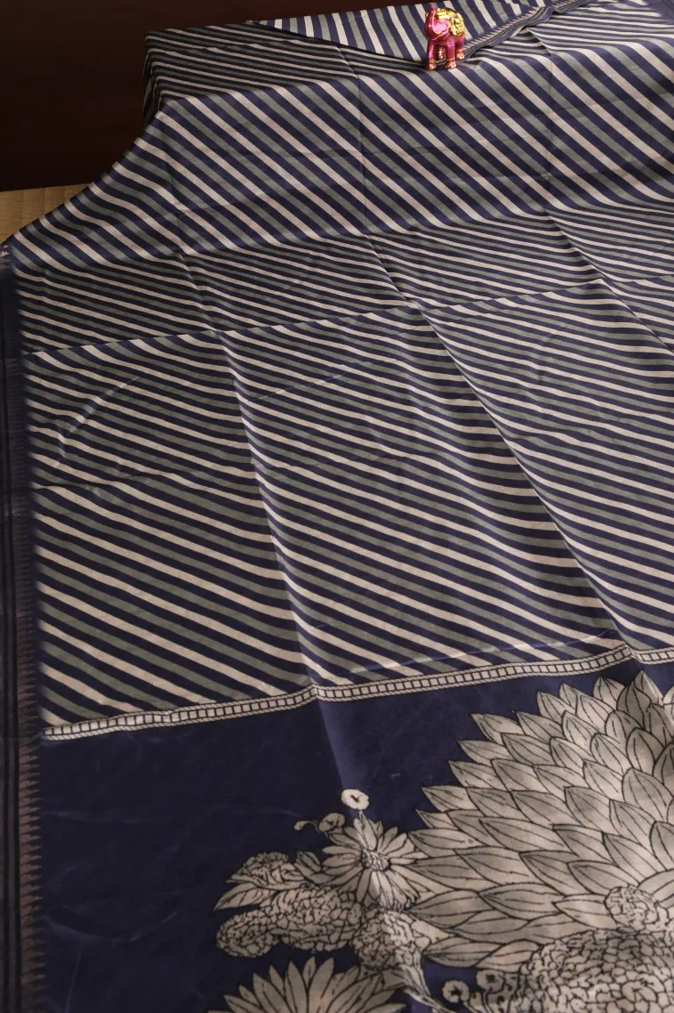 Indigo Blue Semi Raw Silk Printed Without Zari With Cross Straipes view 2