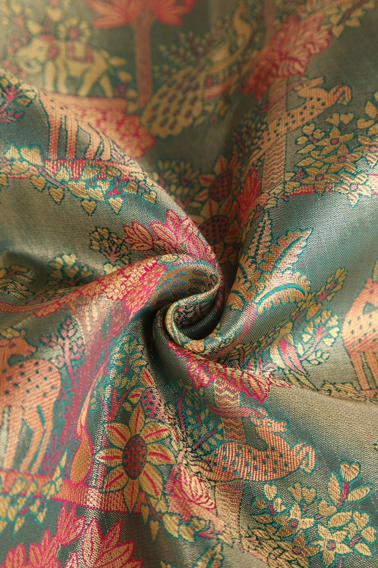 Pine Green Apoorva Silk Sarees with Copper Zari Birds And Floral Pattern view 4