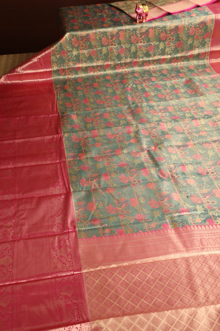 Pine Green Apoorva Silk Sarees with Copper Zari Birds And Floral Pattern view 2