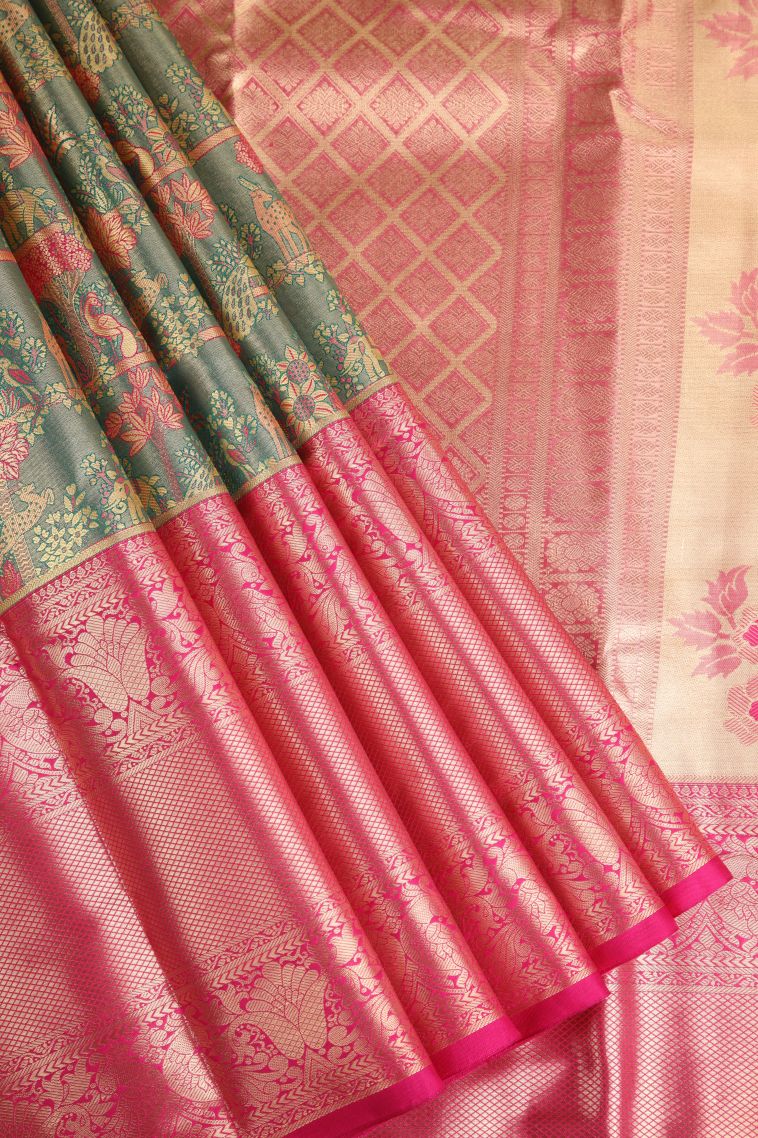 Pine Green Apoorva Silk Sarees with Copper Zari Birds And Floral Pattern view 1