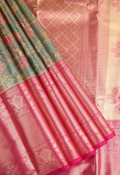 Pine Green Apoorva Silk Sarees with Copper Zari Birds And Floral Pattern