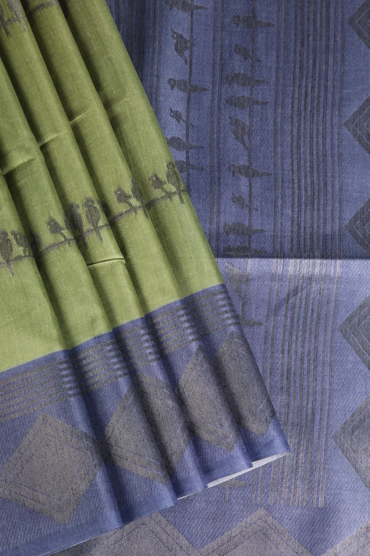 Olive Green Jute Sarees with Antic Zari Birds Mottif