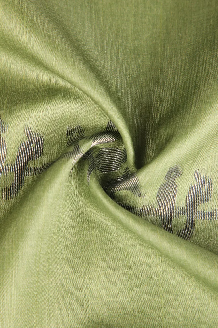 Olive Green Jute Sarees with Antic Zari Birds Mottif view 4