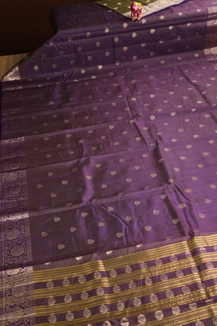 Viola Purple Raw Silk Sarees Gold Zari with Floral Puttas view 2