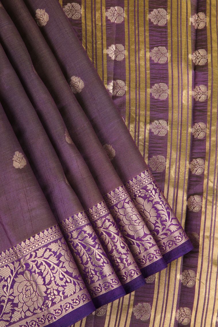 Viola Purple Raw Silk Sarees Gold Zari with Floral Puttas view 1