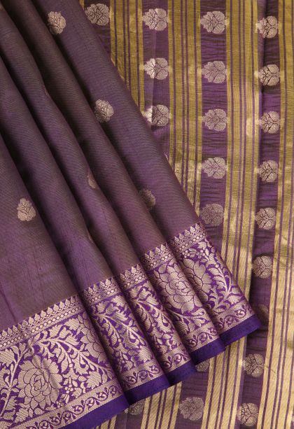 Viola Purple Raw Silk Sarees Gold Zari with Floral Puttas