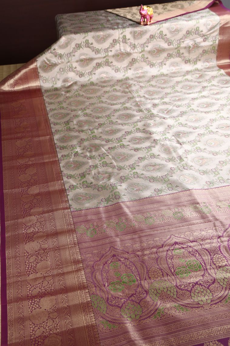 Pistachio Green Apoorva Silk Sarees with Copper Zari Floral Patterns view 2