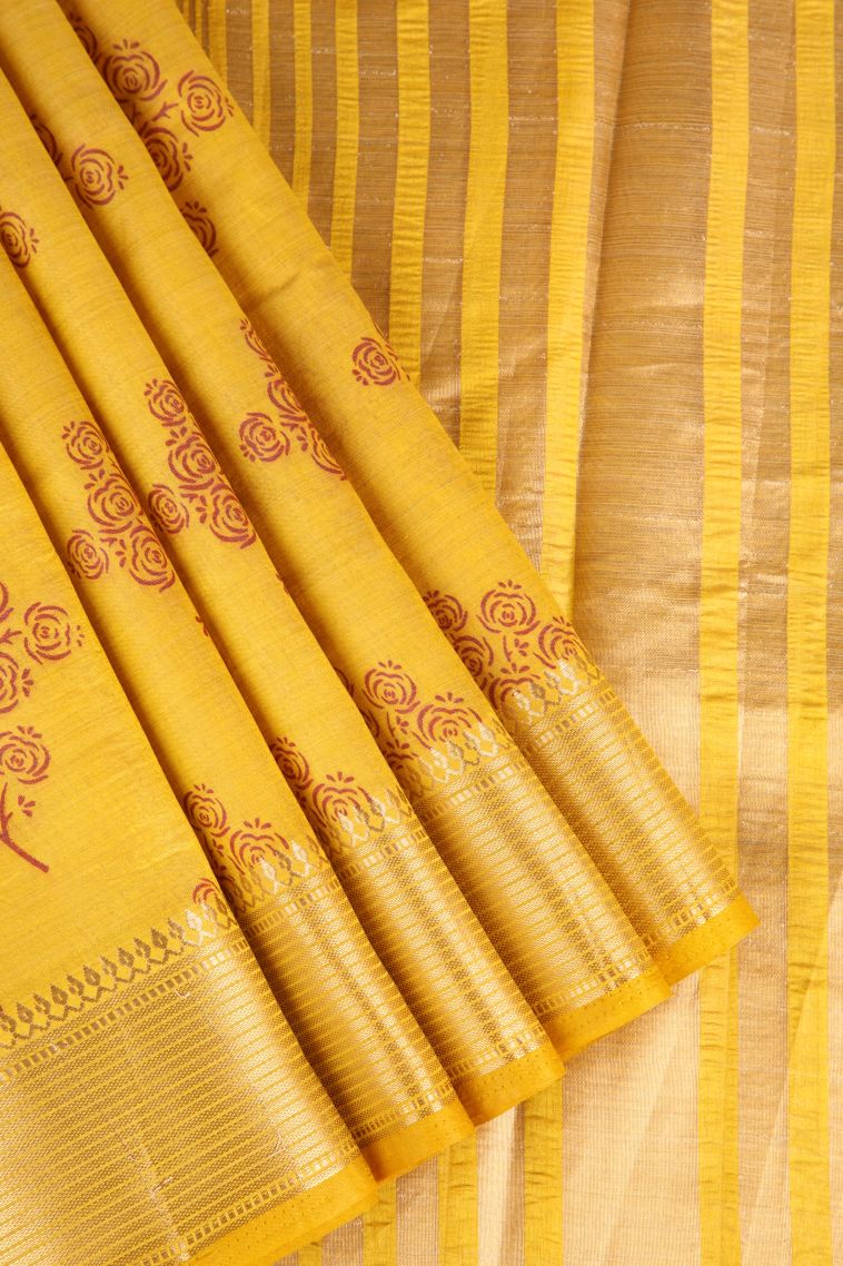 Gold Semi Raw Silk Printed Gold Zari with Floral Patterns
