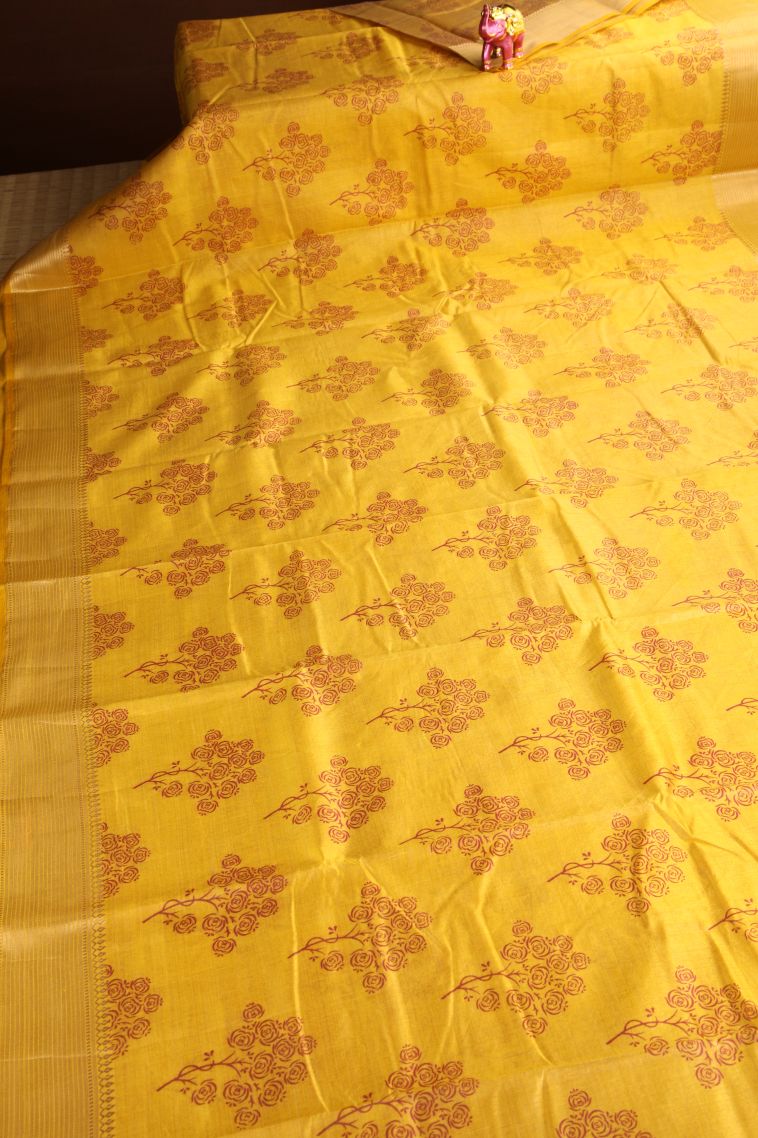Gold Semi Raw Silk Printed Gold Zari with Floral Patterns view 2