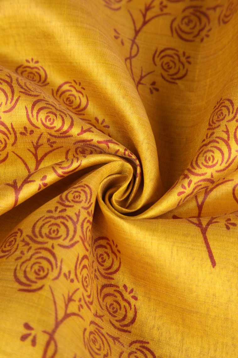 Gold Semi Raw Silk Printed Gold Zari with Floral Patterns view 4