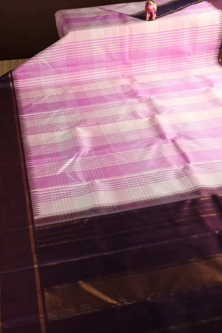Cotton White Kanchipuram Silk Sarees with Gold Zari Checks view 2