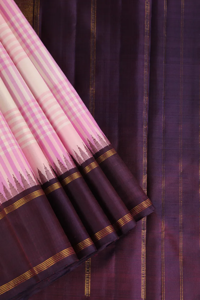Cotton White Kanchipuram Silk Sarees with Gold Zari Checks