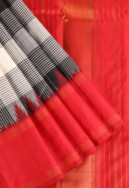 Cotton White Kanchipuram Silk Sarees with Gold Zari Checks
