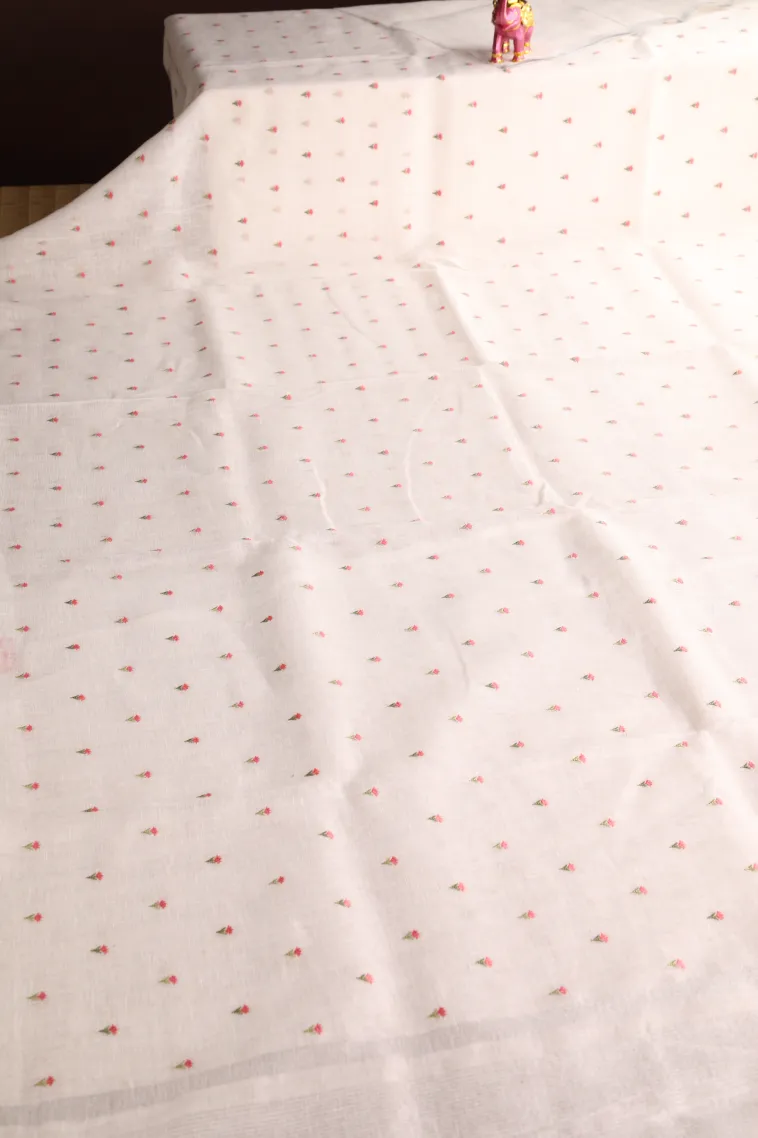 Cotton White Linen Saree with Silver Zari Puttas view 2