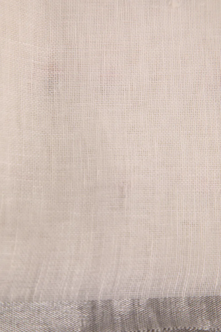 Cotton White Linen Saree with Silver Zari Puttas view 3