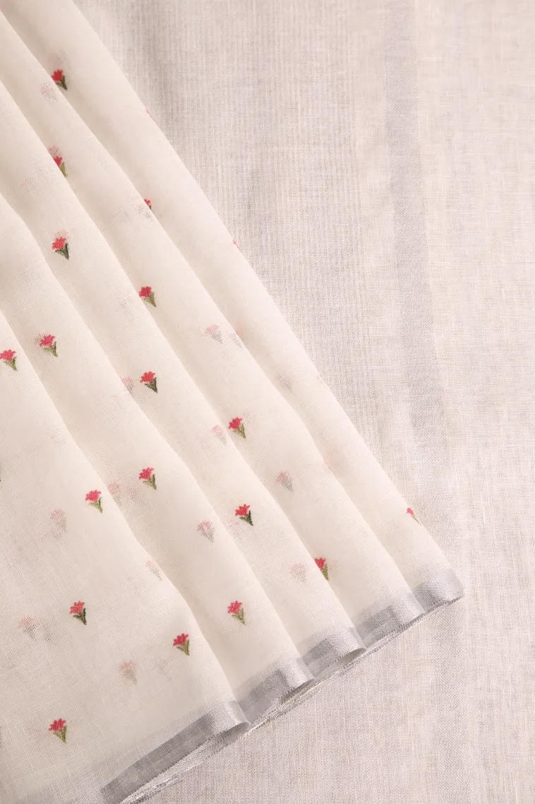 Cotton White Linen Saree with Silver Zari Puttas