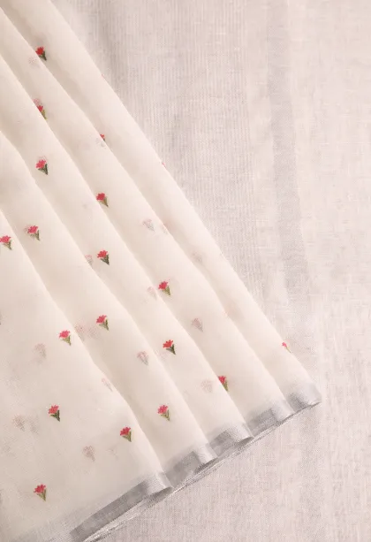 Cotton White Linen Saree with Silver Zari Puttas