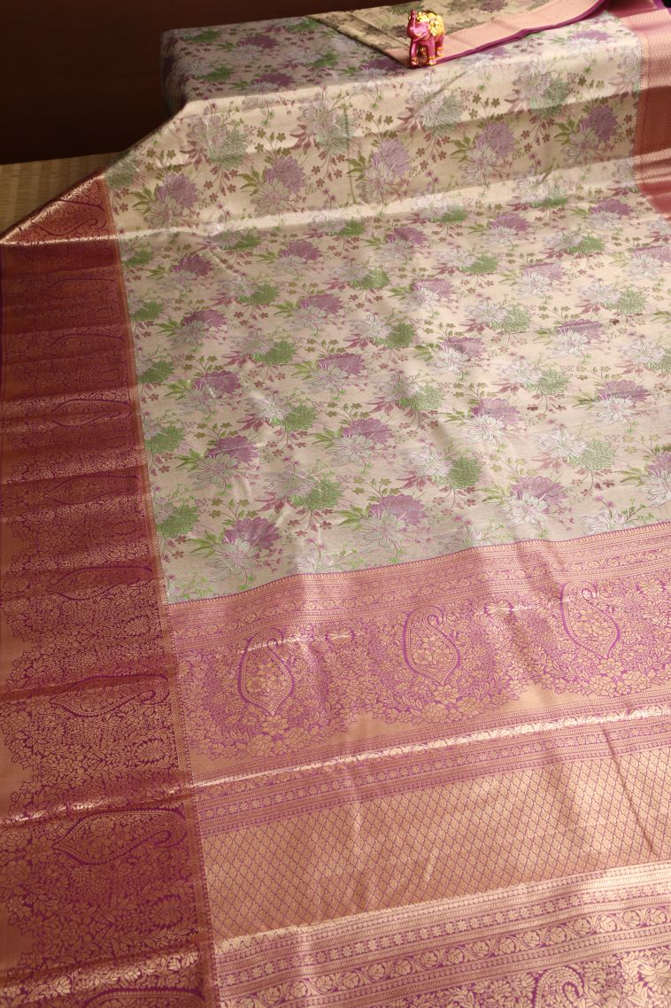 Vanilla Custard Yellow Apoorva Silk Sarees Copper Zari with Floral Patterns view 2