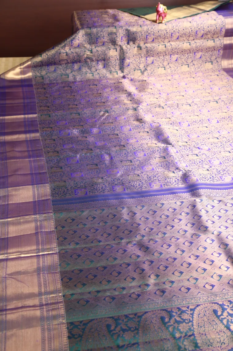 Teal Blue Kanchipuram Silk Sarees with Gold Zari Peacock And Animal view 2