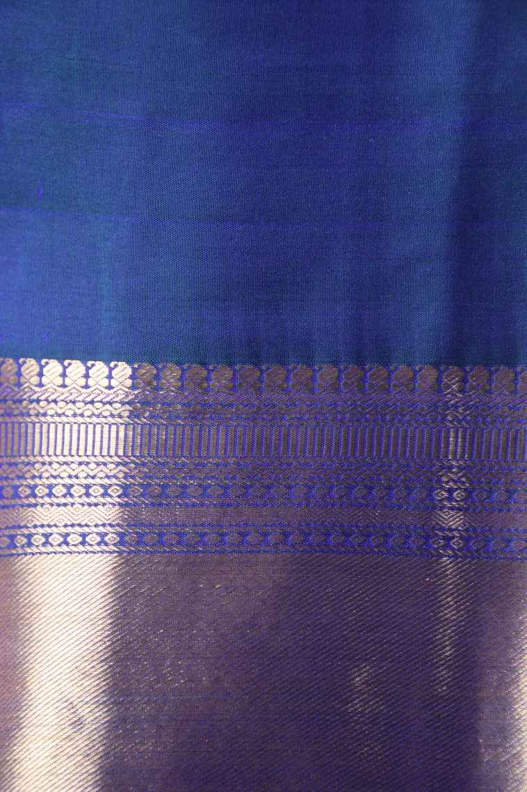 Teal Blue Kanchipuram Silk Sarees with Gold Zari Peacock And Animal view 3