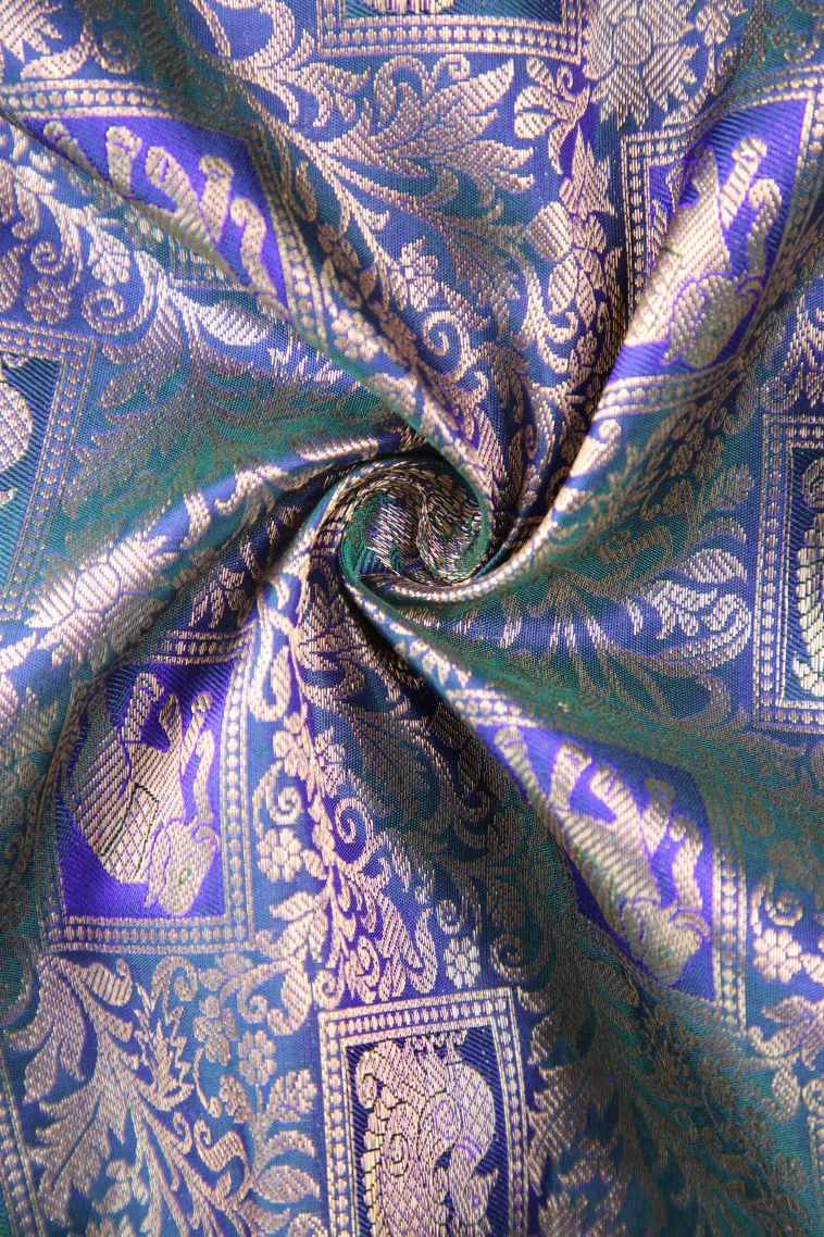 Teal Blue Kanchipuram Silk Sarees with Gold Zari Peacock And Animal view 4