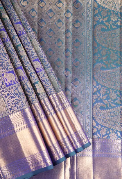 Teal Blue Kanchipuram Silk Sarees with Gold Zari Peacock And Animal