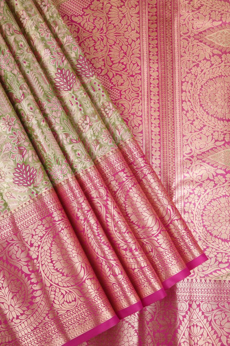 Olive Green Apoorva Silk Sarees Copper Zari with Floral Patterns