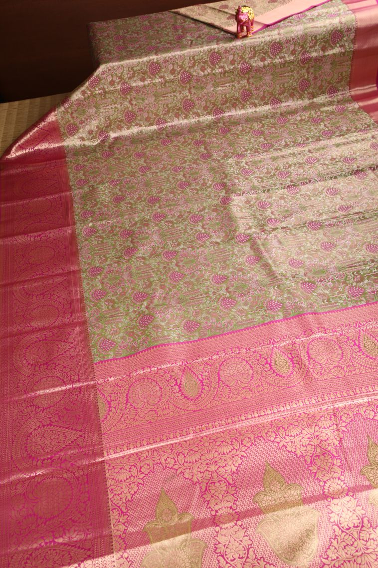 Olive Green Apoorva Silk Sarees Copper Zari with Floral Patterns view 2