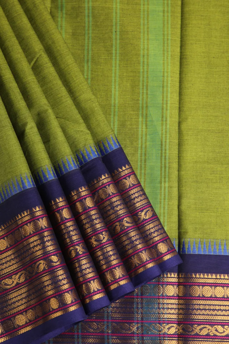 Lime Green Chettinad Cotton Sarees with Gold Zari Plain