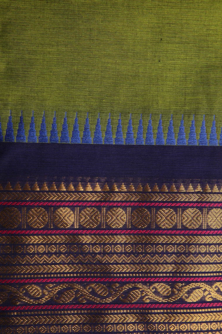 Lime Green Chettinad Cotton Sarees with Gold Zari Plain view 3