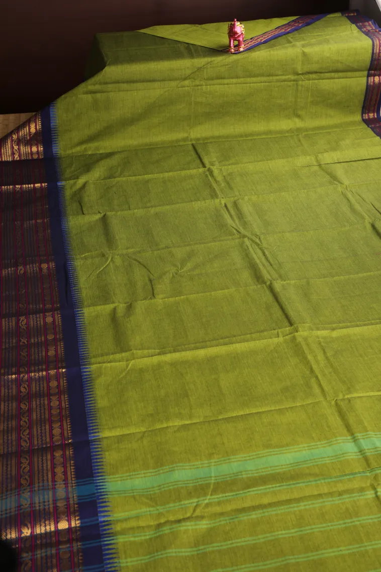 Lime Green Chettinad Cotton Sarees with Gold Zari Plain view 2
